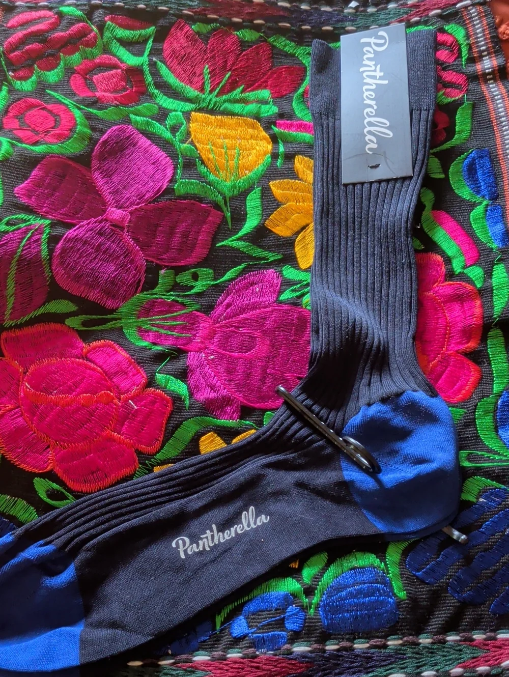 Pantherella Black Dress Socks with Blue Heel and Toe